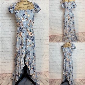 Lilyful Floral On/off Shoulder Poof Sleeve Ruffle High Low Hem Maxi